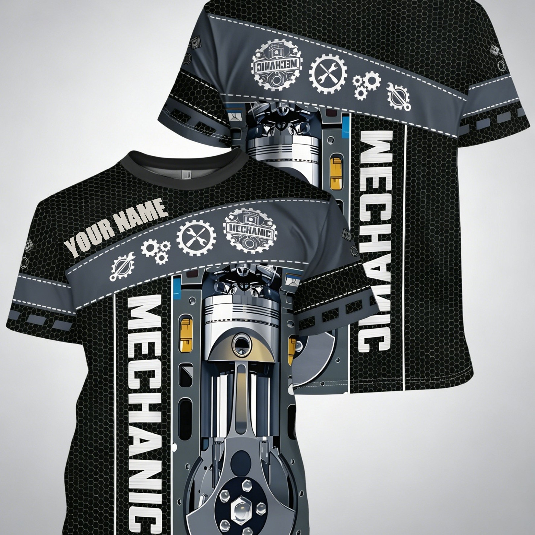 TEMU Printed Design - Flat Texture, European And American Men's Fashion Short Sleeve, Spring/summer, Mechanic-themed , Custom Crew Neck Short Sleeve