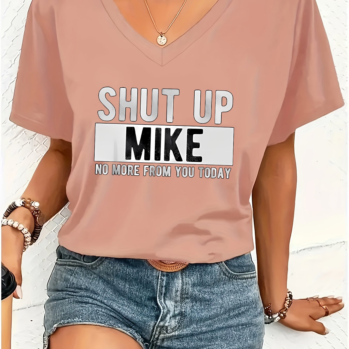 TEMU 1pc Stylish Women's V-neck Short-sleeve T-shirt Made Of, Featuring A Suitable For With A Creative And Fun Trendy Graphic Print