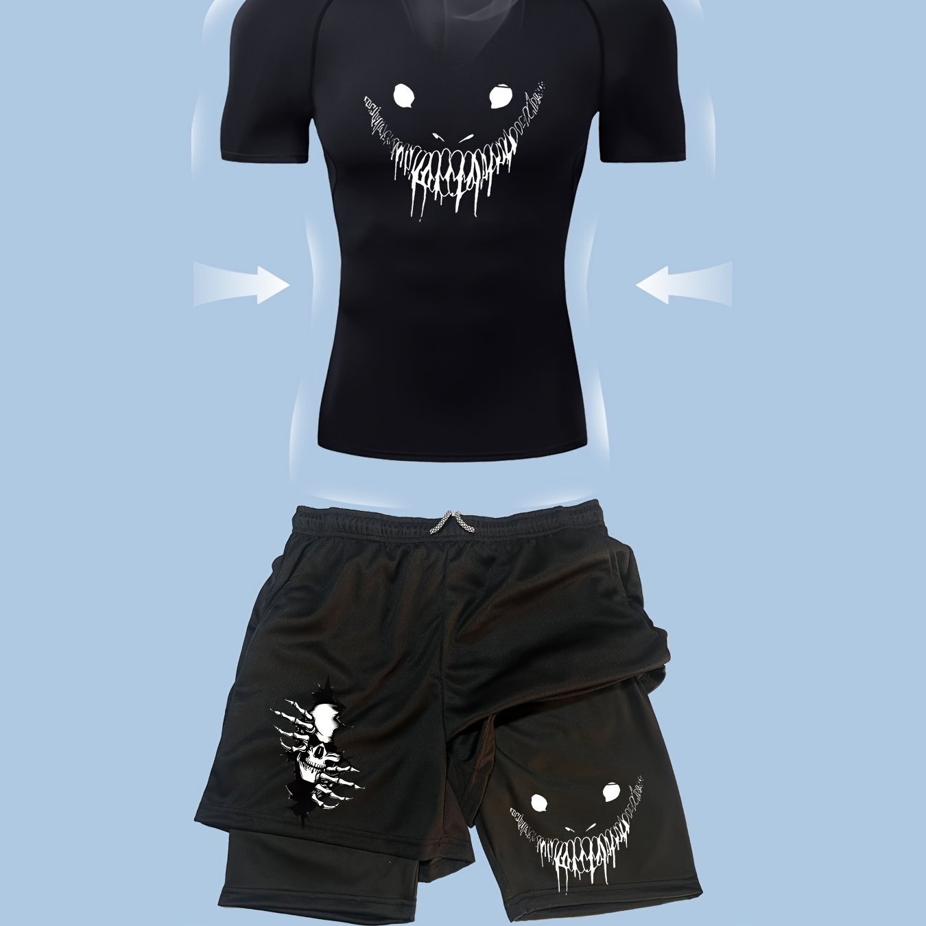 TEMU Conjunto deportivo de 2 piezas: camiseta de manga corta entallada de color y pantalones cortos negros, para interior/exterior, de manga corta,