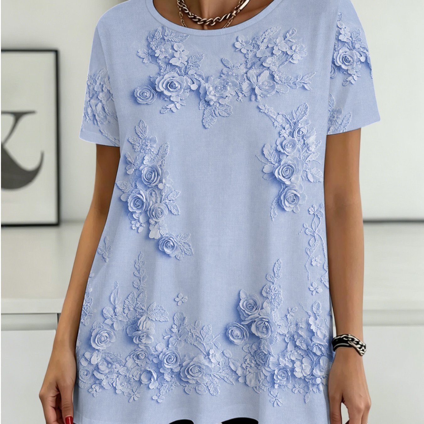 TEMU Plus Size, Women's Plus Size Light Blue Floral Print Rose Branch And Leaf Short Sleeve T-shirt, Round Neck, Casual Swear, Outdoor, Commuting Top