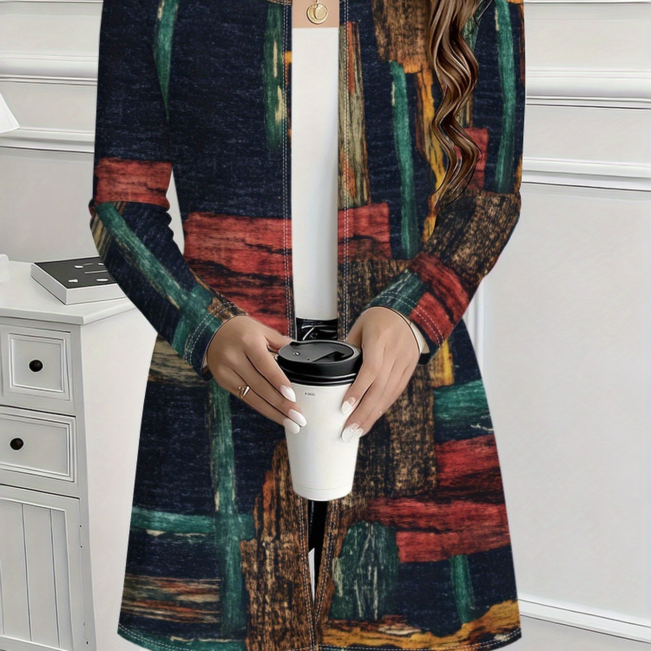 TEMU Vintage Color Easy Sketch Line Color Block Autumn And Winter New Product Pattern Print Full Print Women's Long Sleeve Jacket Women's Lightweight