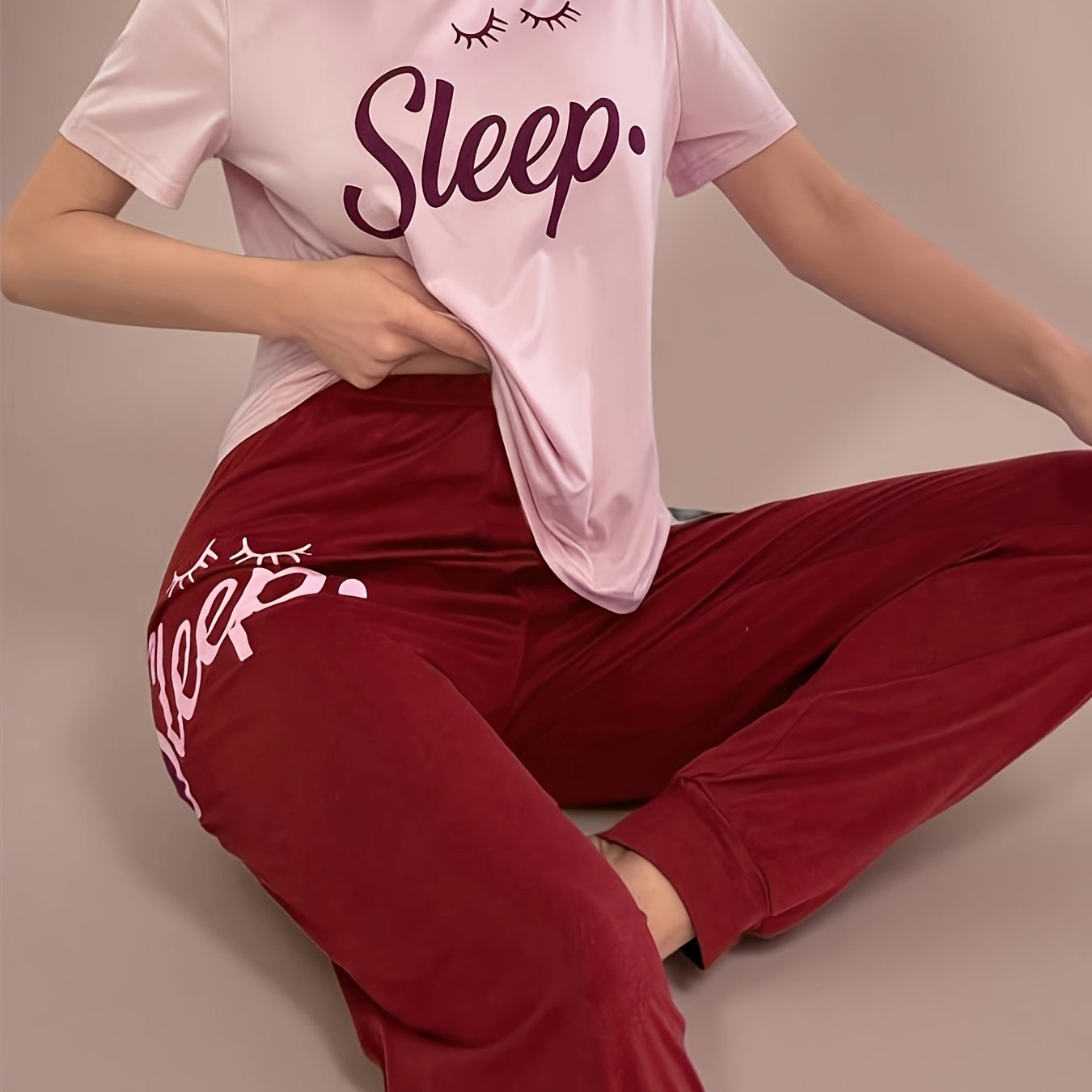 TEMU Women's Casual Letter Print Pink And Burgundy Drawstring Pajama Set Soft Fabric Pjs