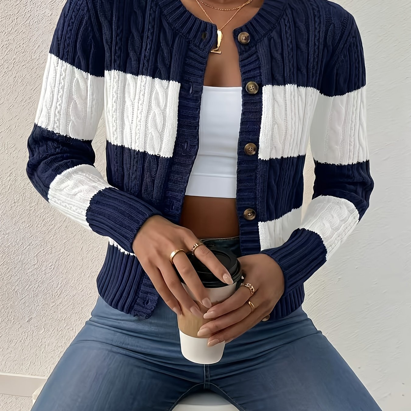 TEMU Cardigan élégant et polyvalent en câble , et les - Cardigan court à col ras du cou pour femme, printemps/automne - Pull de vêtement d'extérieur