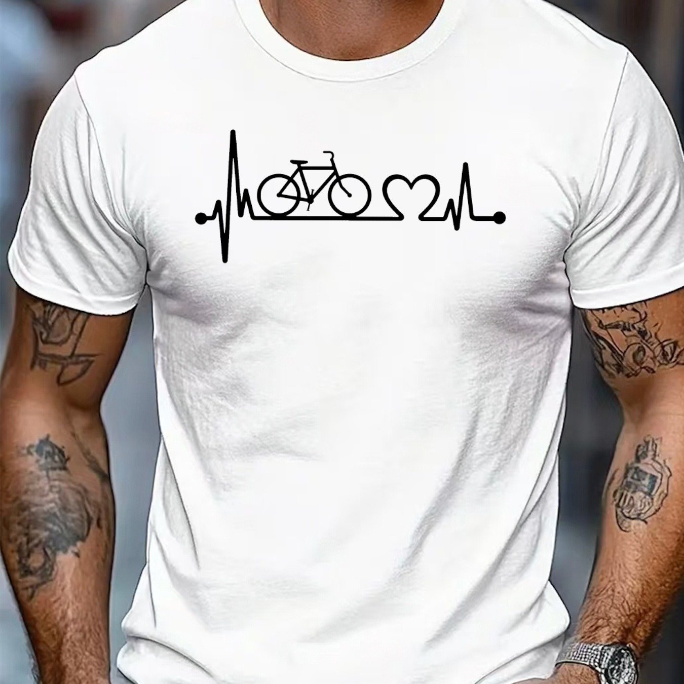 Image of Men's 100% Cycling Graphic T-shirt | Heartbeat & Bike Print, Short Sleeve, Crew Neck, Breathable Relaxed Fit, Machine Washable, Ideal For Cyclists & Outdoor Activities