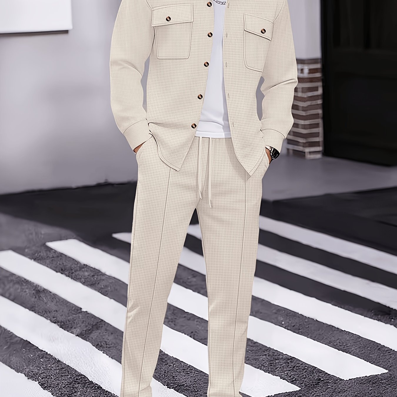 TEMU Men's New Waffle Solid Color Cardigan Shirt Long Sleeved Pants Men's Casual Suit Elegante