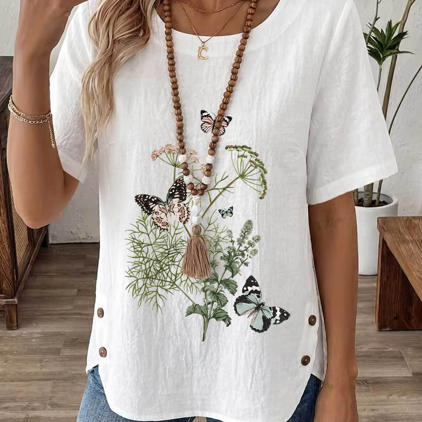 TEMU Spring/summer Casual Elegant Women's Top, Vintage Style With , Plant, Floral, And Insect Print, Loose Fit Round Neck Short Sleeve Clothing