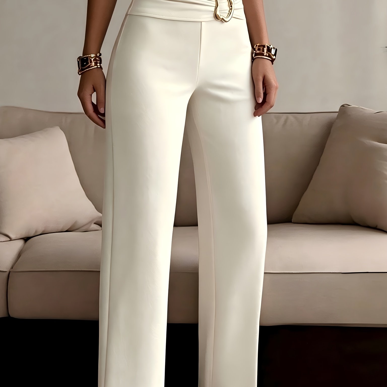 TEMU Cross-border European And American Women' Color High-waist Elegant Casual Wide-leg Trousers