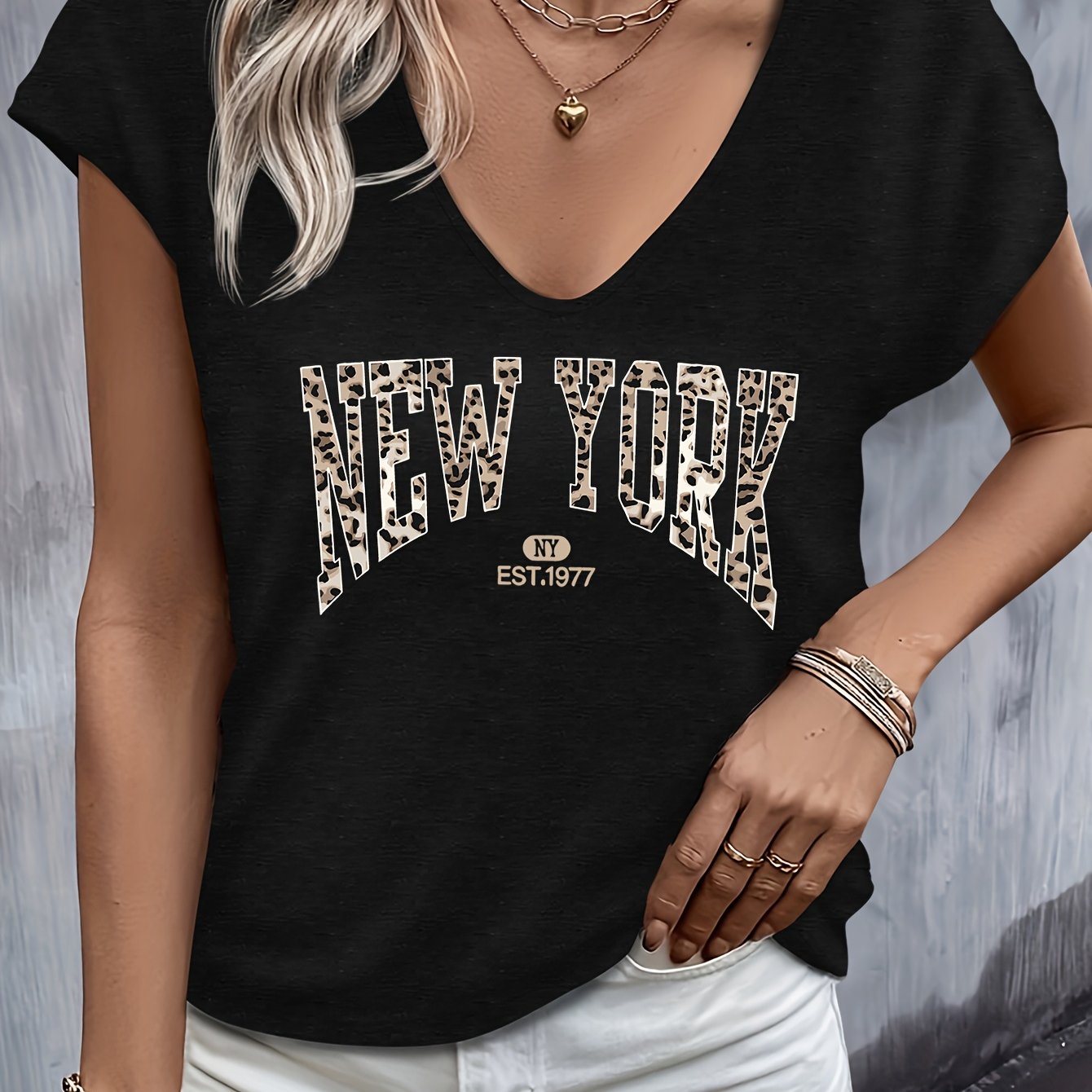 TEMU Leopard Print Letter Pattern European And Women's Spring And Summer Simple Versatile Vacation Casual Color V-neck Short Sleeve T-shirt