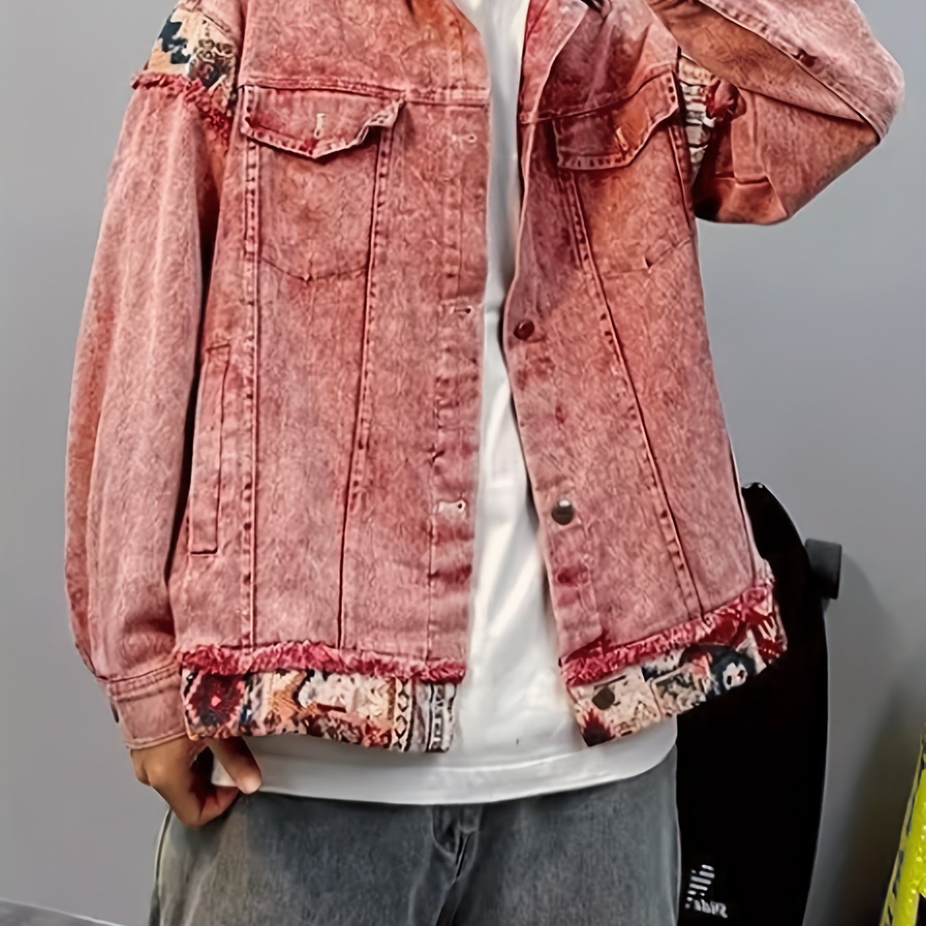 TEMU レトロスタイル刺繍デニムパッチワークジャケット、日本の原宿スタイル、ポケット付き迷彩柄、カップル向けのカジュアルストリートウェア