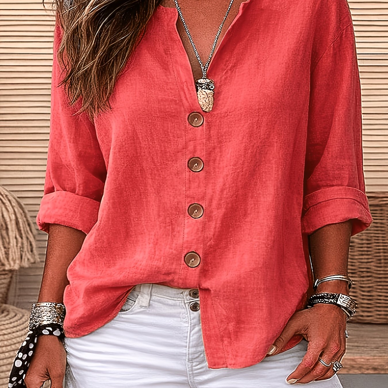TEMU Women's Button-up V-neck Roll-up Three-quarter Sleeve Summer Casual Vacation Top Jydx