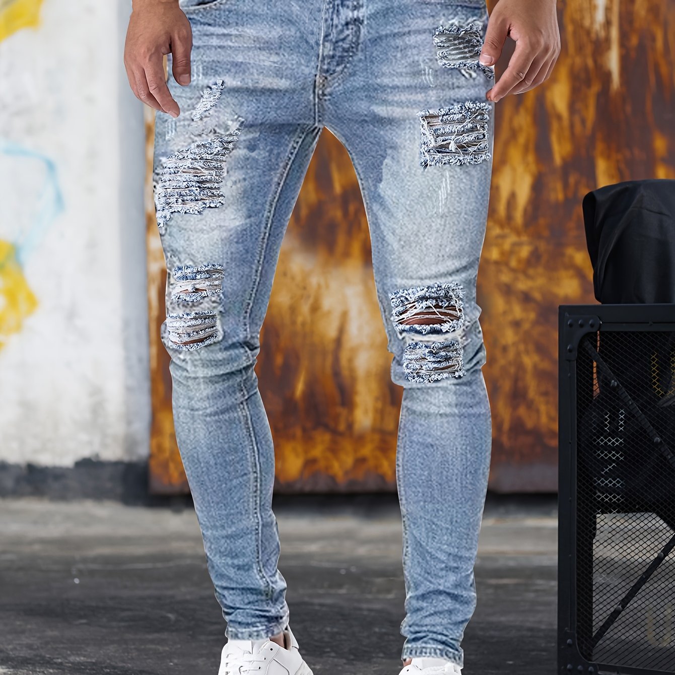 TEMU Slim Fit Ripped Jeans, Casual Distressed Stretch Pants