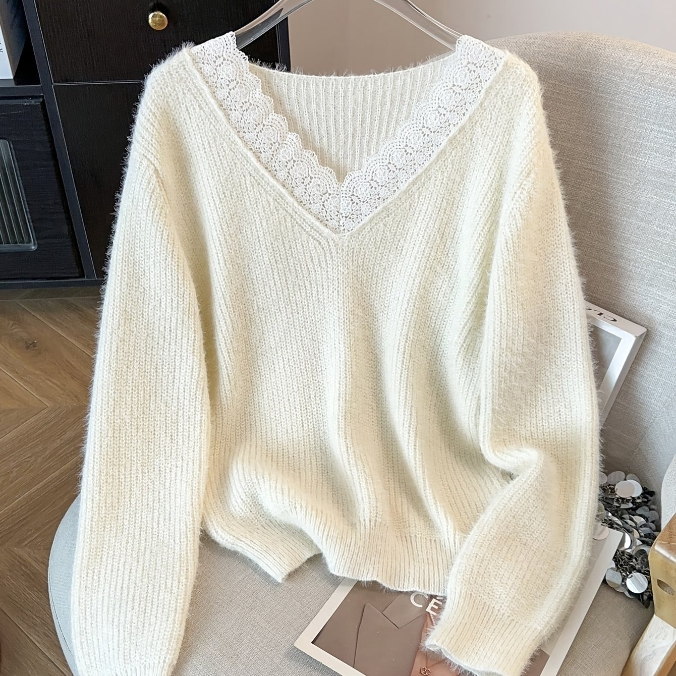 TEMU Collection Printemps Femme Tendance Élégante Douce Vêtement Universel Dentelle Col en V Pelucheux Longue Manche Pull Haut