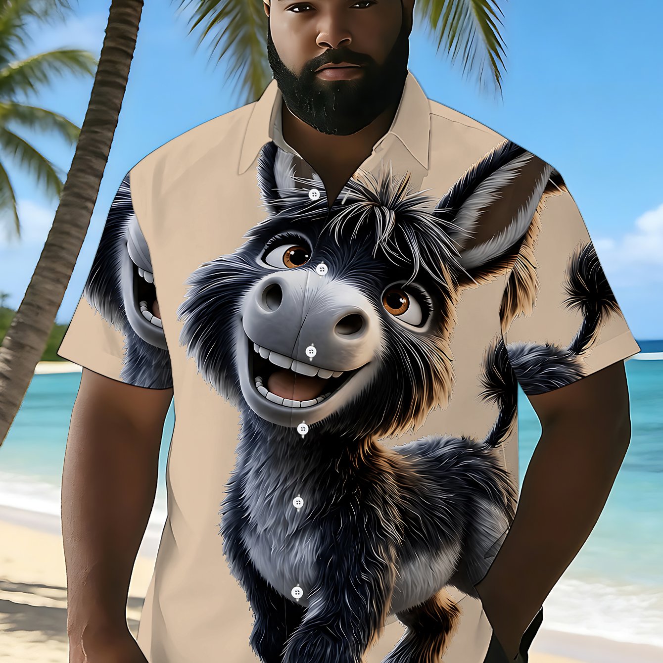 TEMU [printed Design â Not Textured] Plus Size Short Sleeve Shirt For Men, Trendy Short Sleeve Shirt With Black And Gray Donkey Pattern On Brown