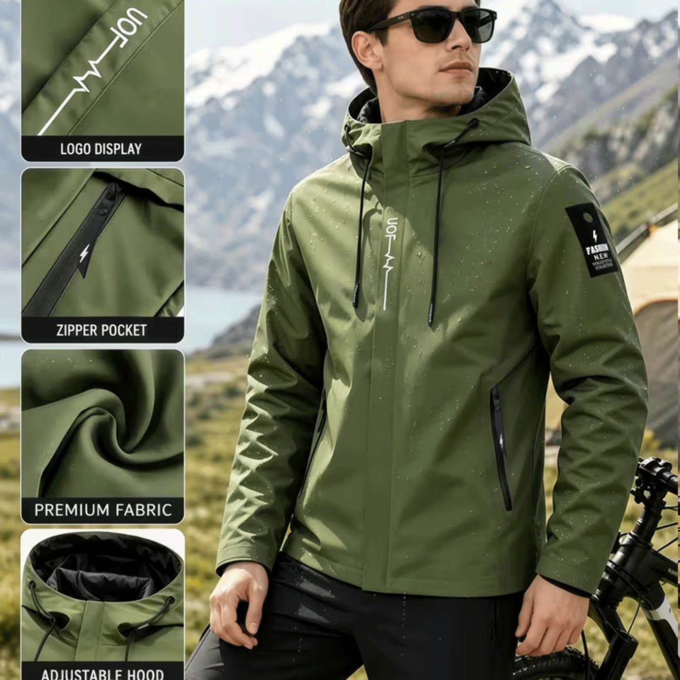 Men's Plain Print Full-Zip Hooded Jacket for Outdoor Activities