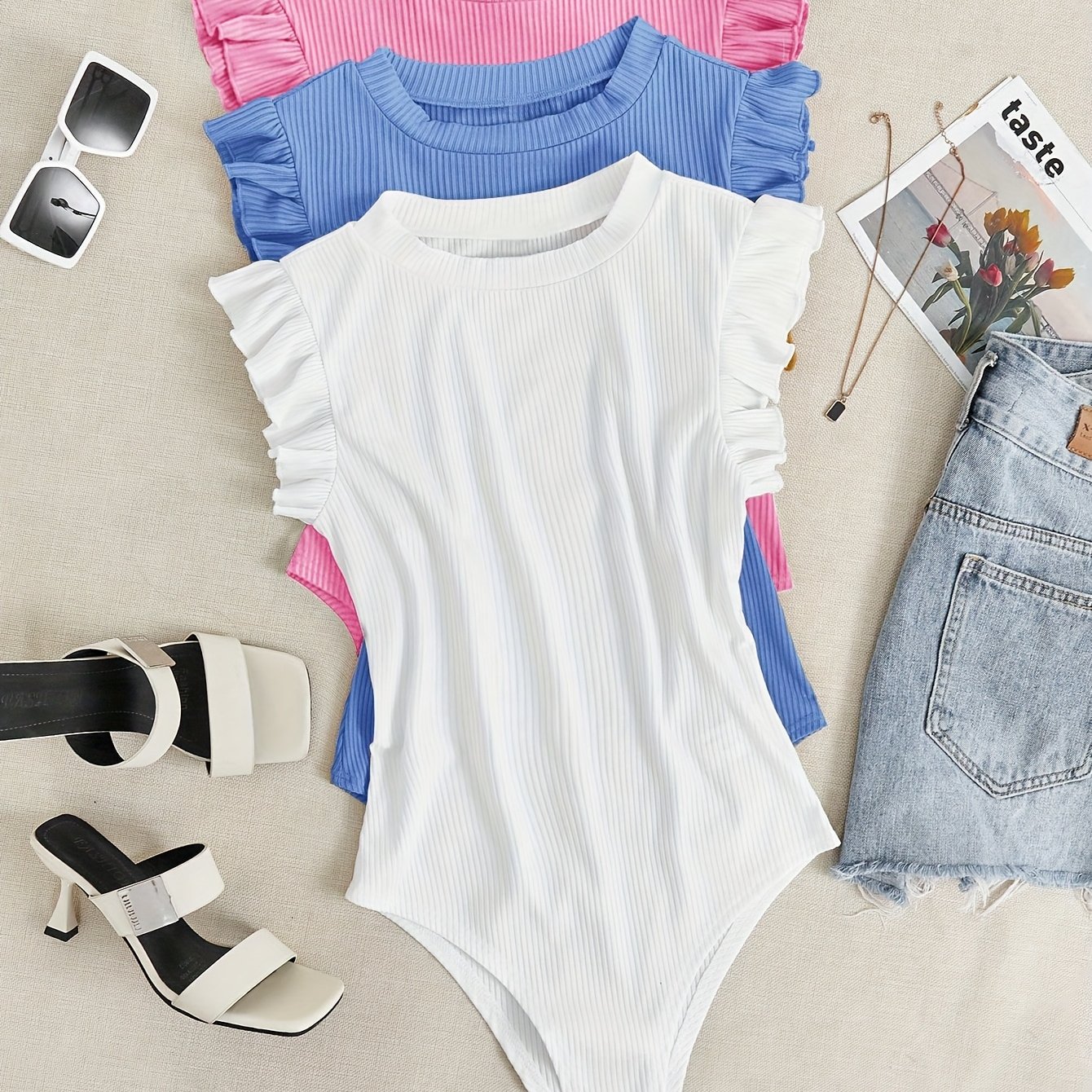 TEMU Ensemble 3 Pièces Nouveau pour Femme, Body à Col Rond