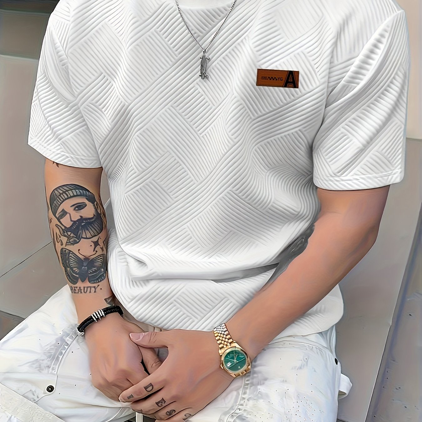 TEMU Men's Casual Pattern Short Sleeve T-shirt, Round Neck Knit Fabric, Slight Stretch, Dressy Color Top