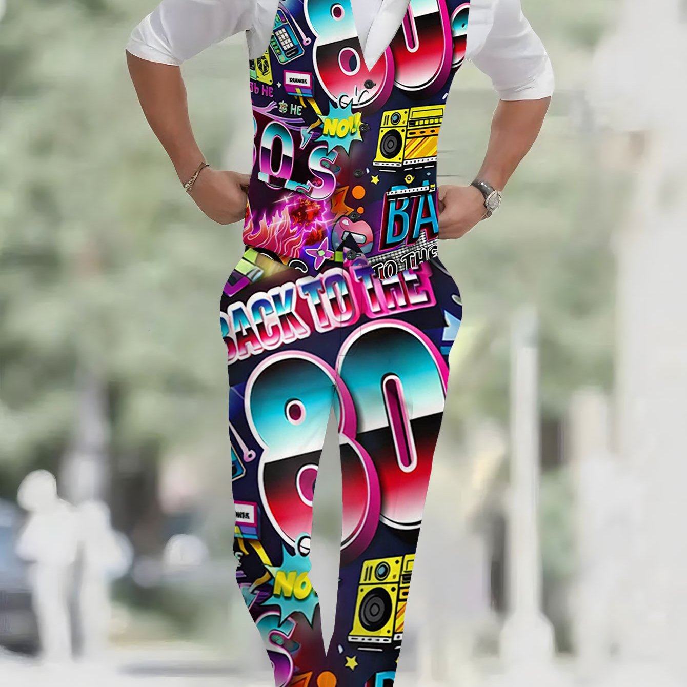 TEMU Men's Fashion Two-piece Set Featuring A Vest And Trousers, Vibrant 80s Retro Posters. This Classic Outfit Is Perfect For Weddings, Parties, And