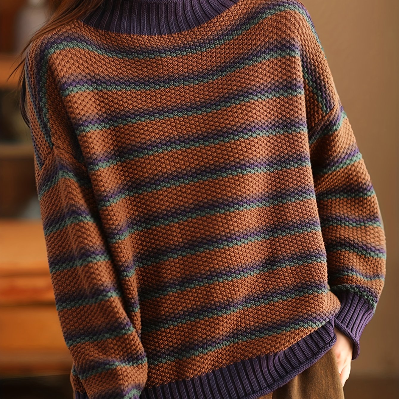 Image of Japanese-style Vintage Striped Fashion Pullover Sweater, Loose Casual Top For Spring, Autumn, And Winter