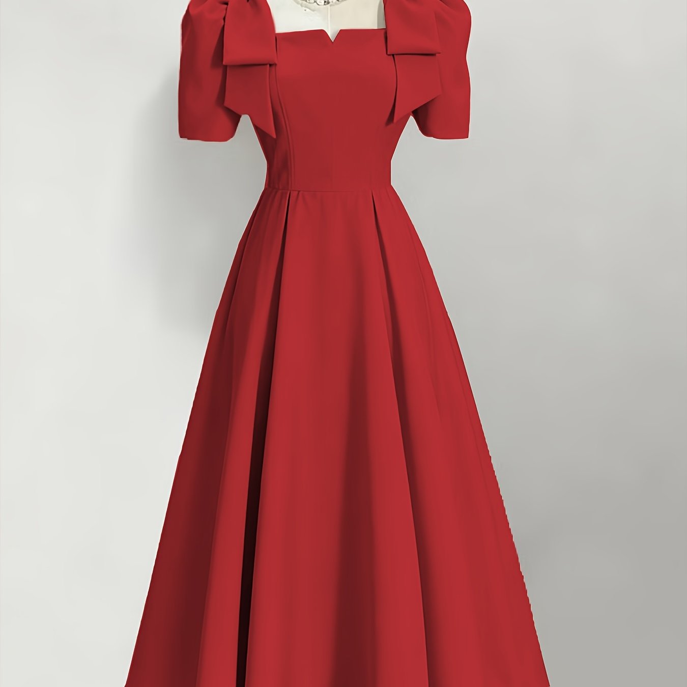 TEMU Elegant V-neck Short-sleeve A-line Midi Dress With Cinched Waist & 3 Bow - Full Flared, Machine Washable Suitable For Weddings, Parties,,