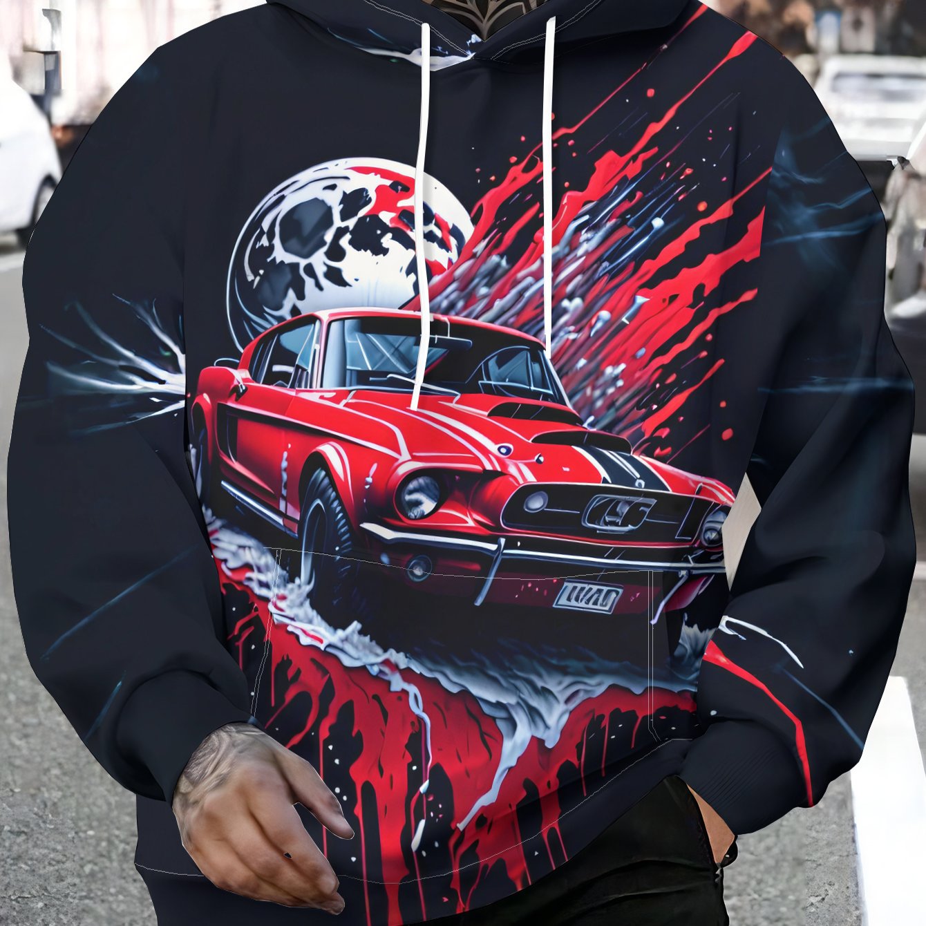 TEMU A Stylish Hooded Sweatshirt, A Casual Sports Hoodie With A Car Against A Black Background Featuring A Red Splatter Effect And Pocket - Made Of