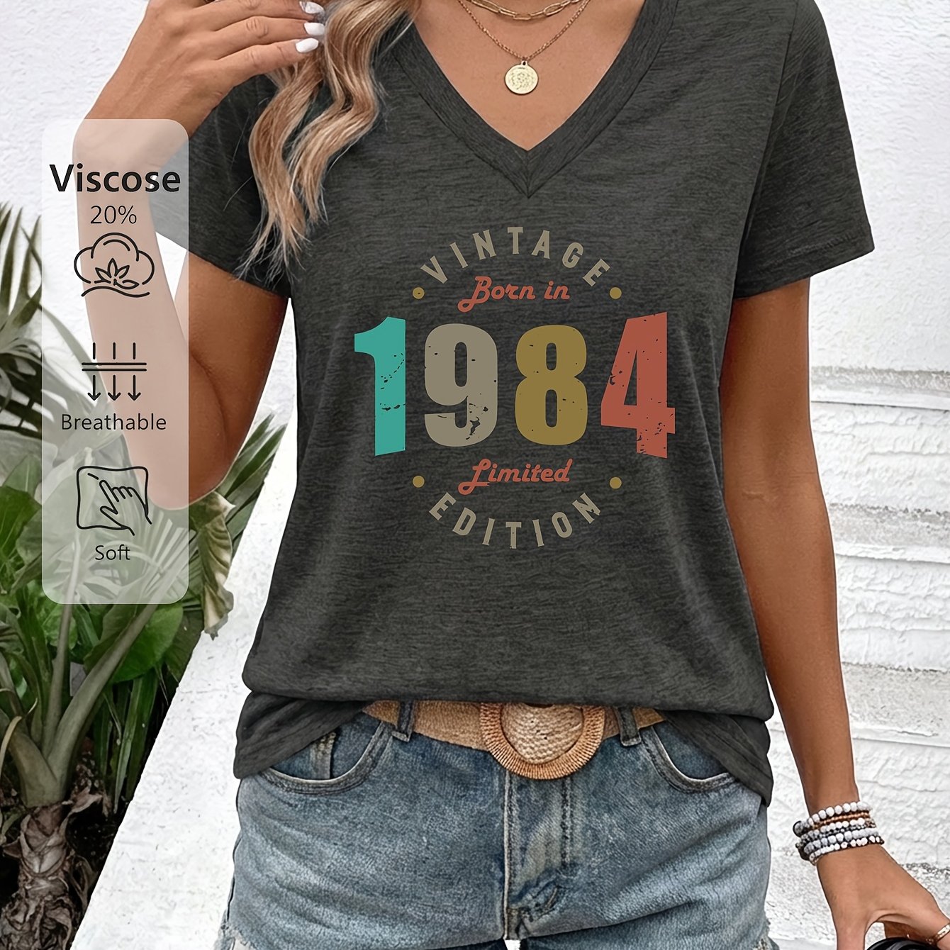 TEMU Women's Vintage 1984 T-shirt Suitable For Born In 1984 Wear, V-neck Short Sleeve Retro Top With Color Block , Breathable Smooth Fabric, Casual