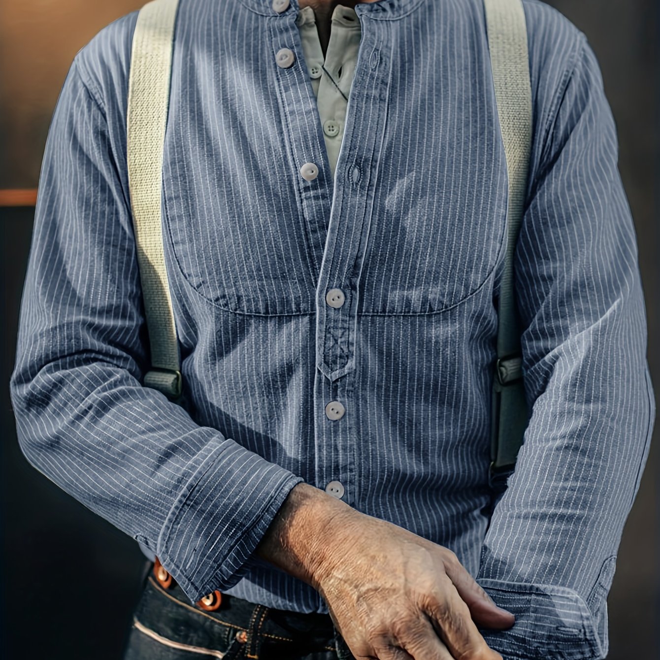 2026 Spring/autumn Business Elegant Casual Striped Denim Style British Italian Button-up Men's Suit Long Sleeve Shirt