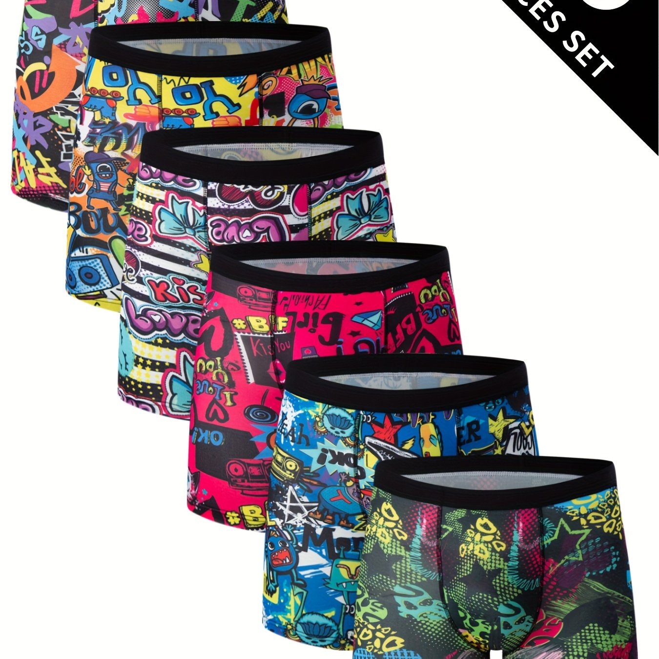 Image of Set Of 6 Men's Stylish Patterned Print Boxer Shorts, Breathable And Comfortable Quick-dry Elastic Boxers, Sports Shorts, Beach And Pool Swim Trunks