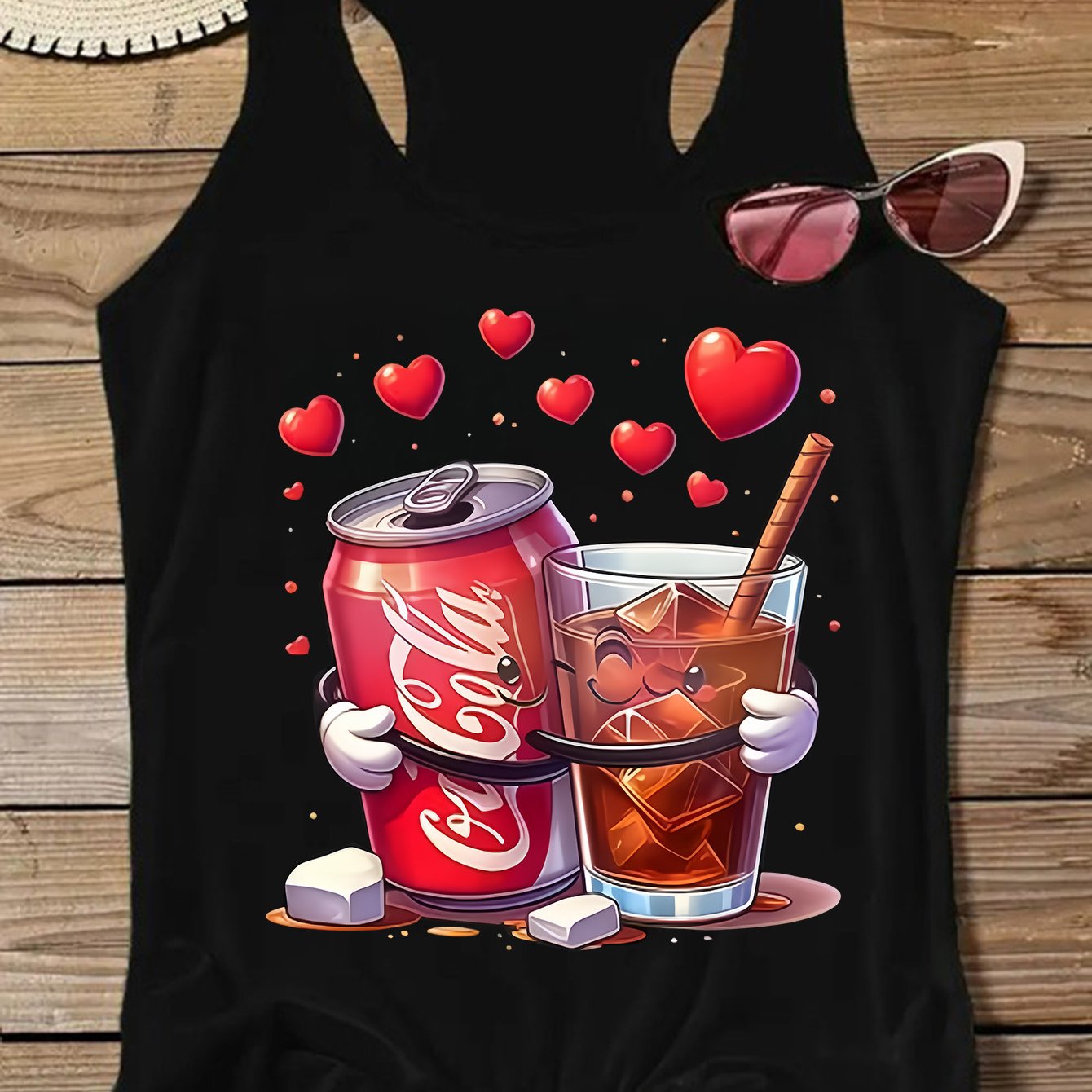 TEMU Sweet And Iced Tea Character Couple Print Women's Black Sleeveless Tank Top, Trendy Summer Clothing For Women, Refreshing Streetwear Top, With