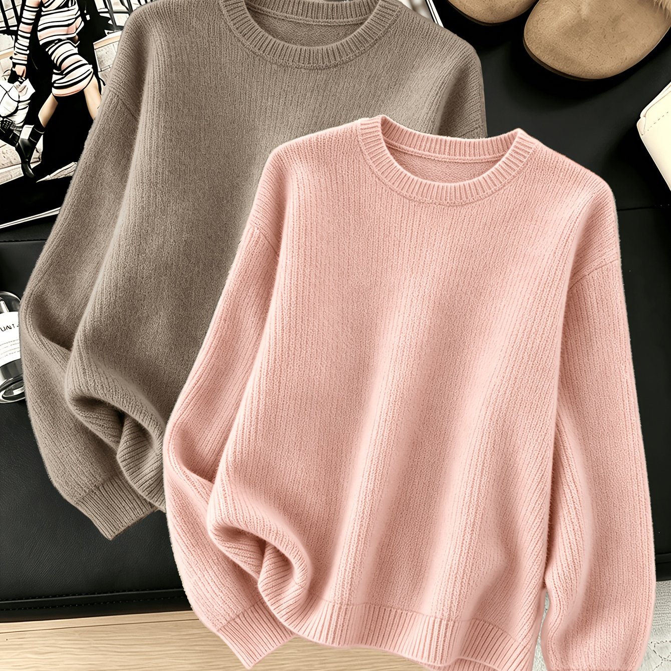 TEMU Women's 2pcs Sweater -compatible Suitable For Products | Soft Warm Round Neck Long Sleeve Loose Fit Pullover Tops | Machine Washable Solid Color