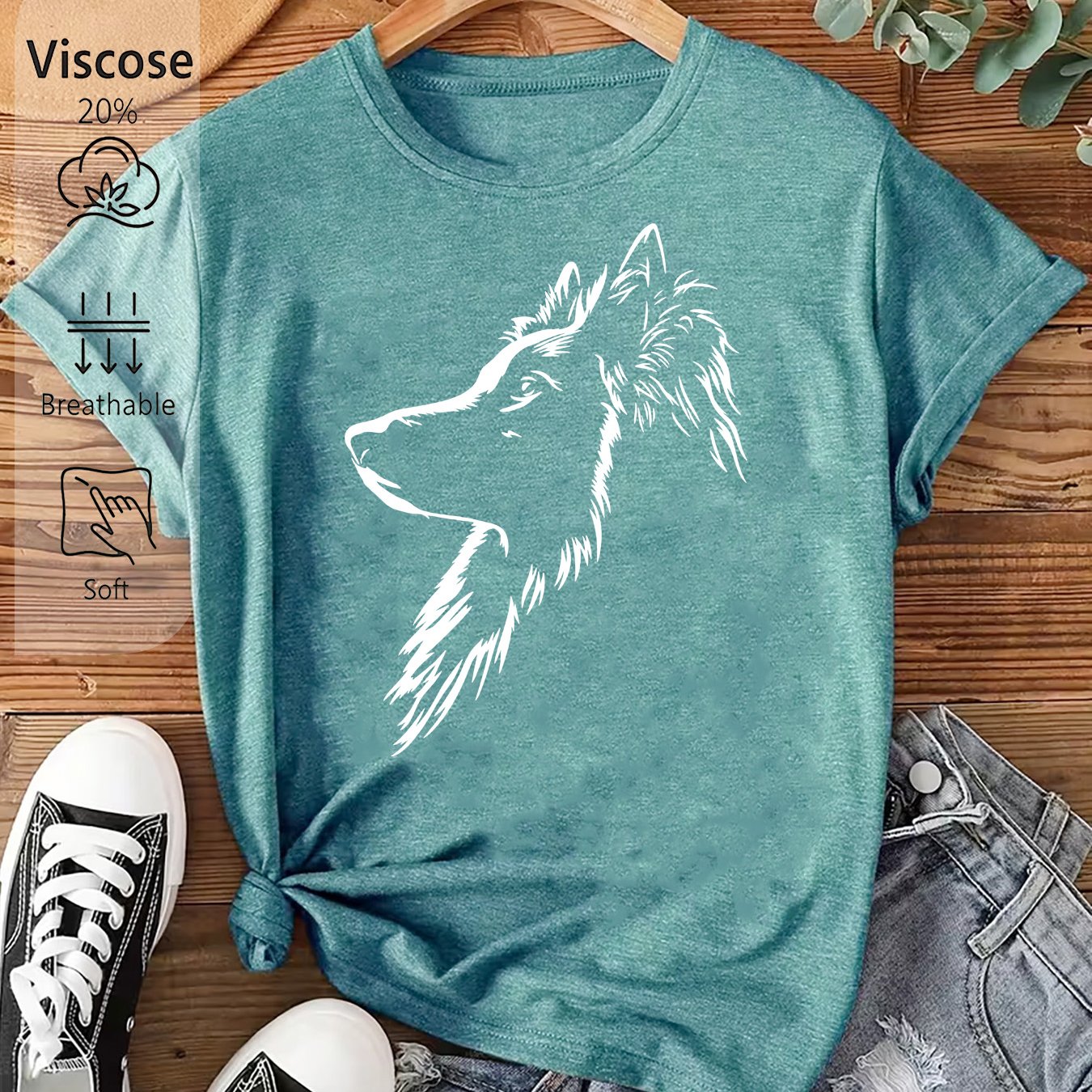 TEMU Women's Plus Size Shepherd Dog Print T-shirt - Vintage Line Drawing Crew Neck Short Sleeve Top, Soft Breathable -compatible For - Casual Wear