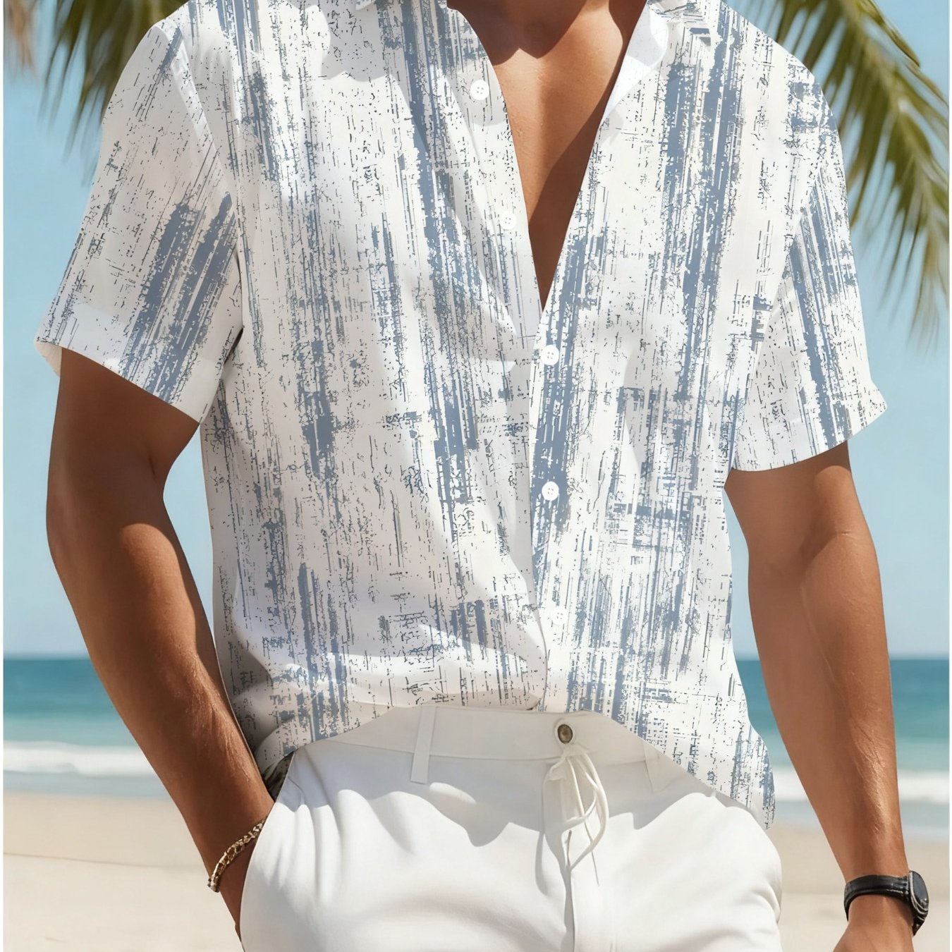 TEMU Hawaiian Men's Casual Print Shirt - Short Sleeve Button Design, Ideal For Summer Outdoor And Casual Wear, Machine Washable