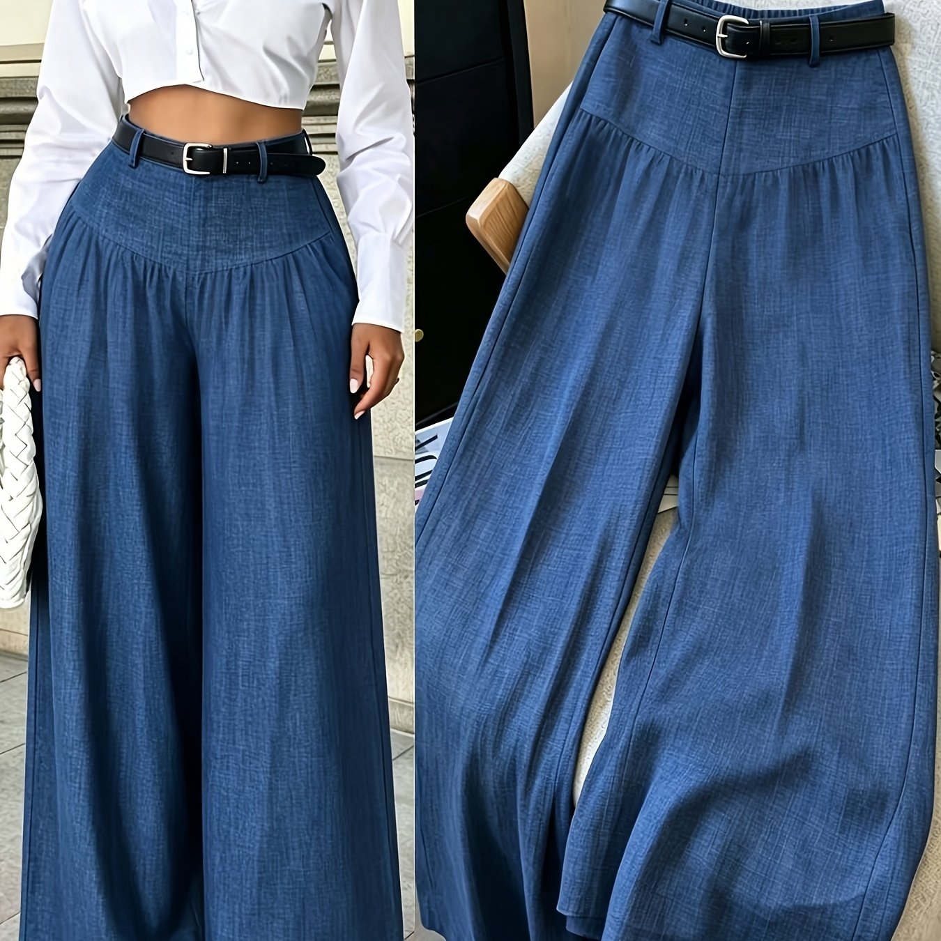 TEMU Vintage Wide-leg Pants For Women, High-waisted With , Flowy Floor-length Casual Trousers, Lightweight Pleated Loose-fit Long Pants With A Draped
