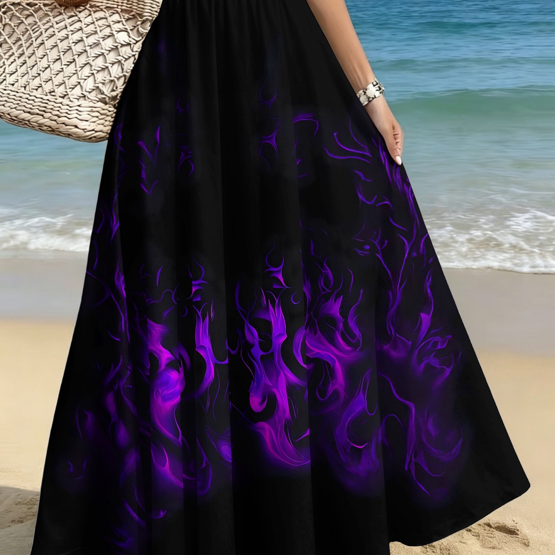 TEMU Women's Plus Size Elegant And Stylish Half Skirt, Casual Printed Midi Skirt, Purple Flames Burning In The Dark,