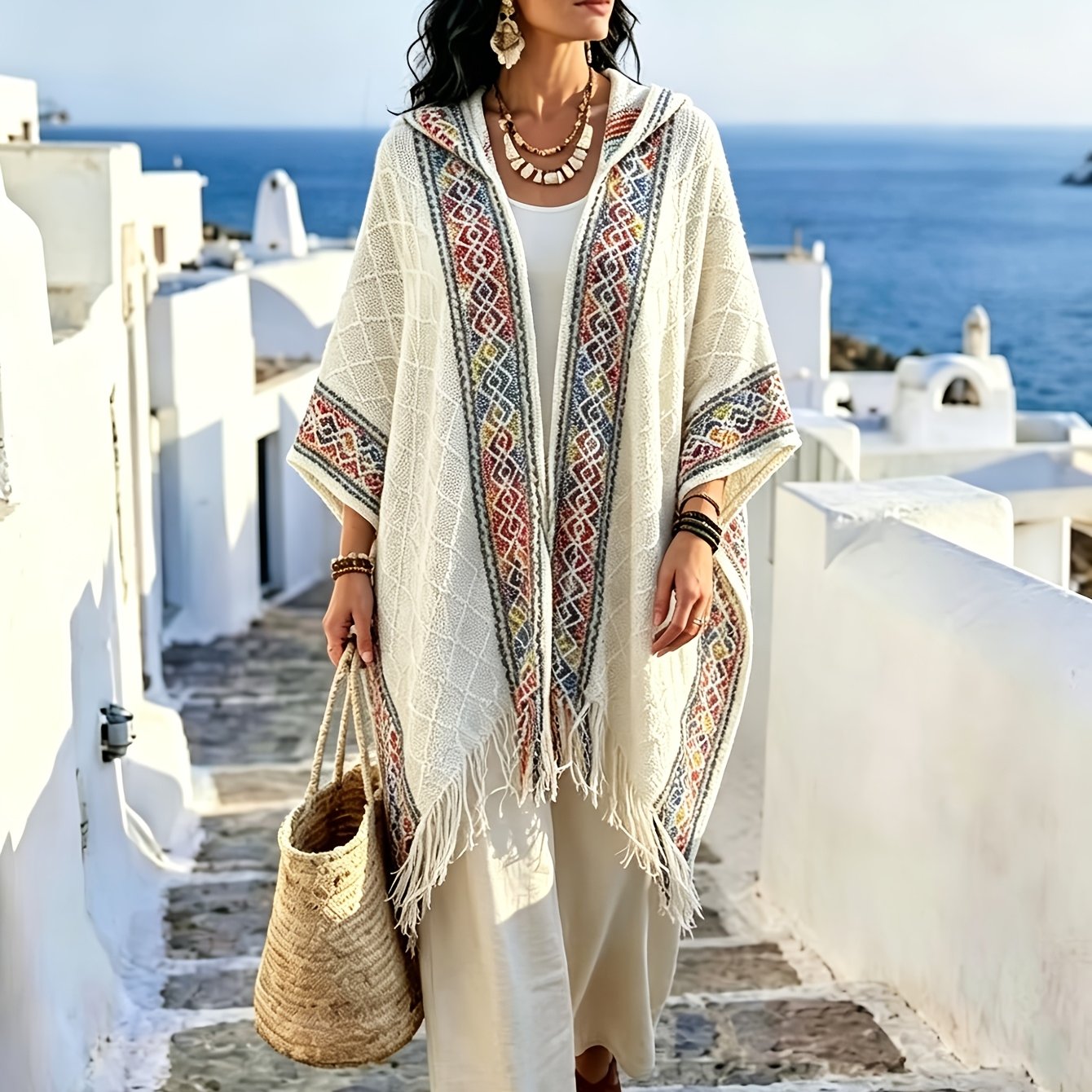 TEMU Plus Size, Women' Plus Size Bohemian -neck Hooded Poncho Cardigan With Shawl Wrap Scarf - Oversized Open Front Coat, Fringe Detailing Suitable