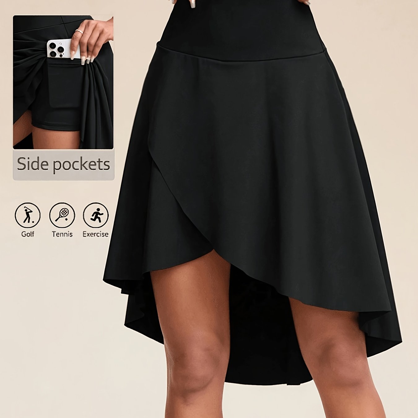 TEMU 1pc Women's 2-in-1 Mid-length Skort, High-waist Knee-length Skort With Inner Shorts And Pockets, Irregular Flared Hem, Stylish And Comfortable,
