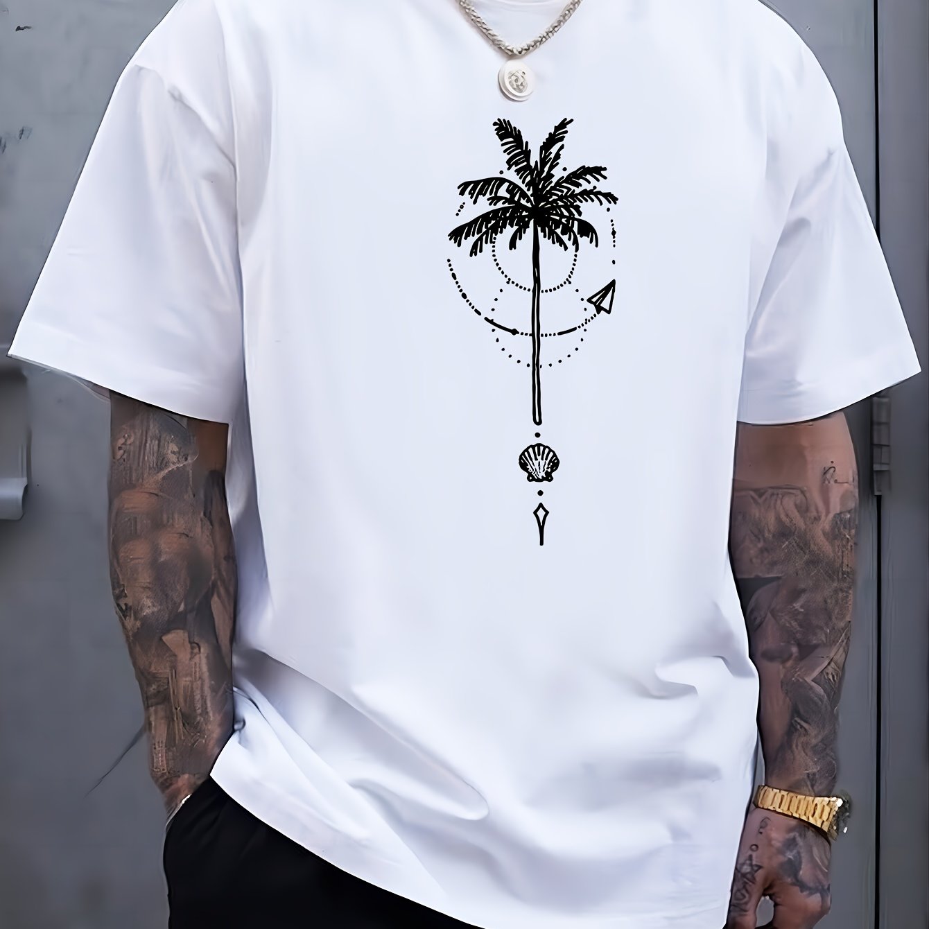 TEMU Coconut Tree Graphic Print Men's Crew Neck Short Sleeve Tees, Summer Trendy T-shirt, Casual Comfortable Versatile Top For Outdoor Sports & Leisure Vacation