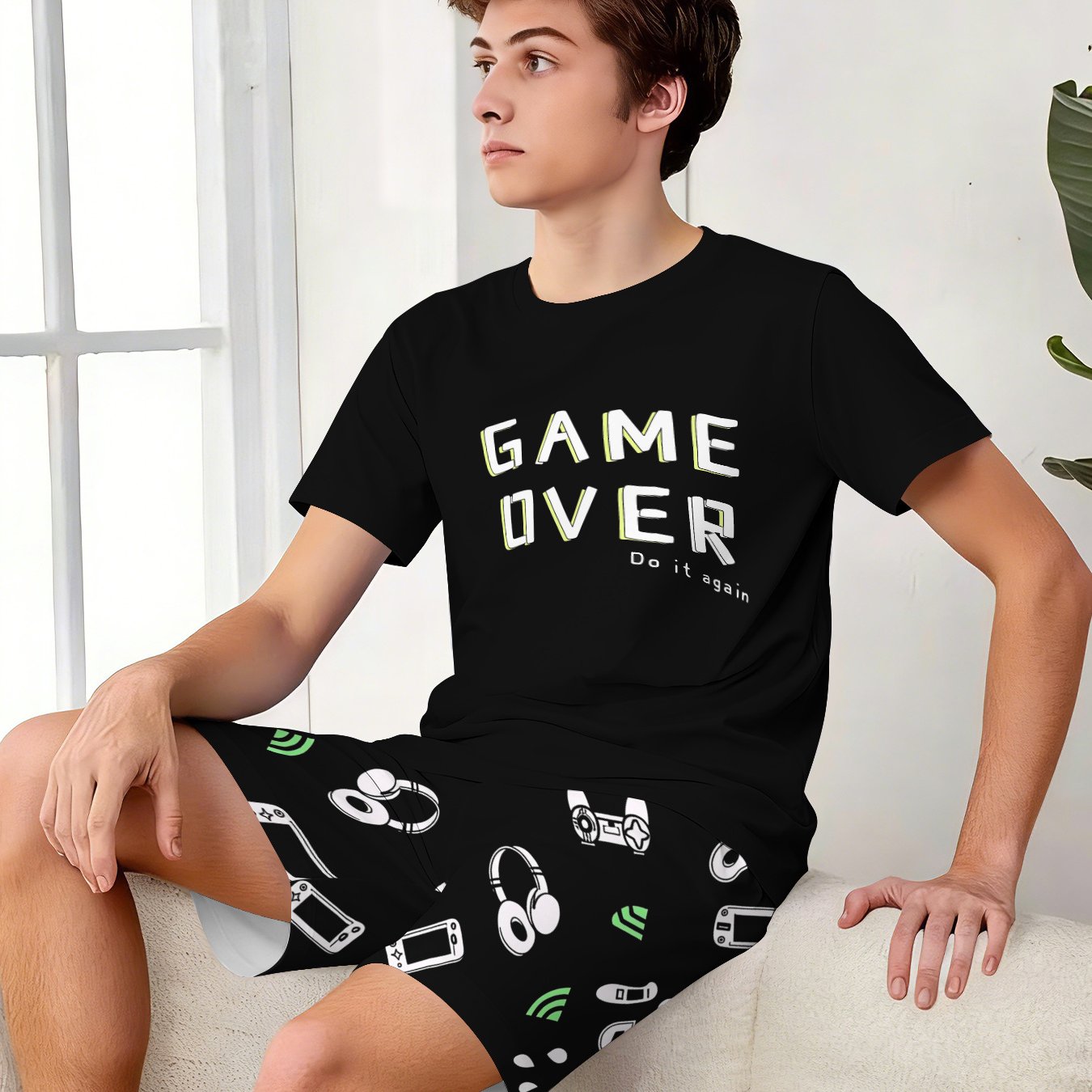 TEMU Pijama y transpirable para el hogar, ideal para jóvenes. , corte holgado con cortas y pantalones cortos - un conjunto de dos piezas, para
