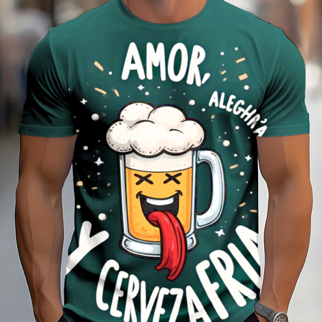TEMU Camiseta deportiva casual para hombre con estampado de y diseño de cerveza, ideal para verano y todas