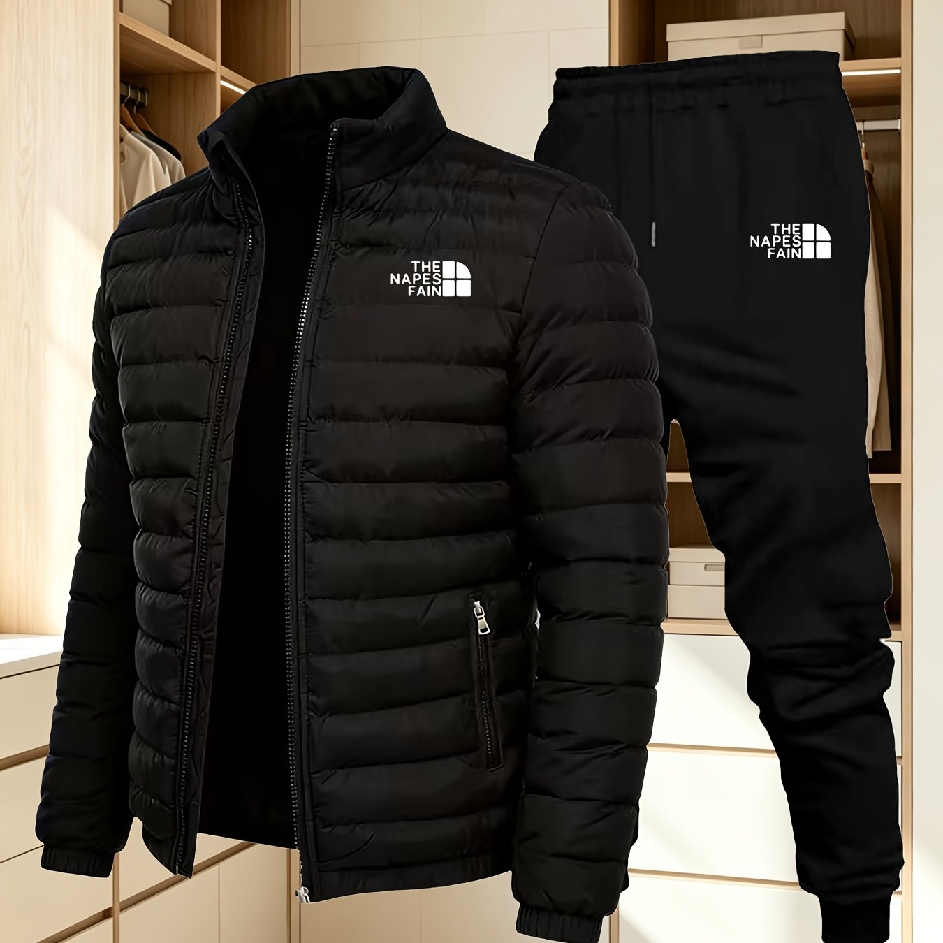 TEMU Autumn/winter Men's Fashion Padded Set, Solid Color Outerwear For Outdoor Commuting, Sports, And Casual Wear, Regular Fit Zipper Versatile Set