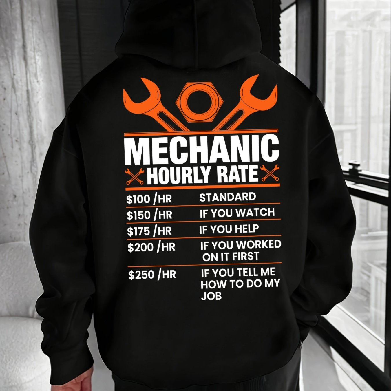 TEMU Sweat à capuche avec imprimé « horaire de mécanicien » - et cordon de serrage, pull respirant adapté aux vêtements de travail, au streetwear