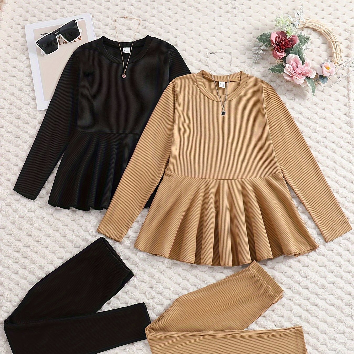 Image of 4pcs Set Girls Spring Autumn Fashion Solid Color Casual Set Ribbed Tight Top And Long Pants Set Girls -match Daily Spring Autumn Wear, For Outdoor