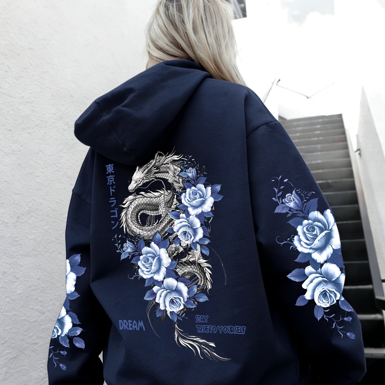 TEMU Japanese Street Dragon And Rose Print Hooded Sweatshirt Trendy Brand Dark Style Ins Top Autumn And Winter Oversize Loose Versatile Outerwear