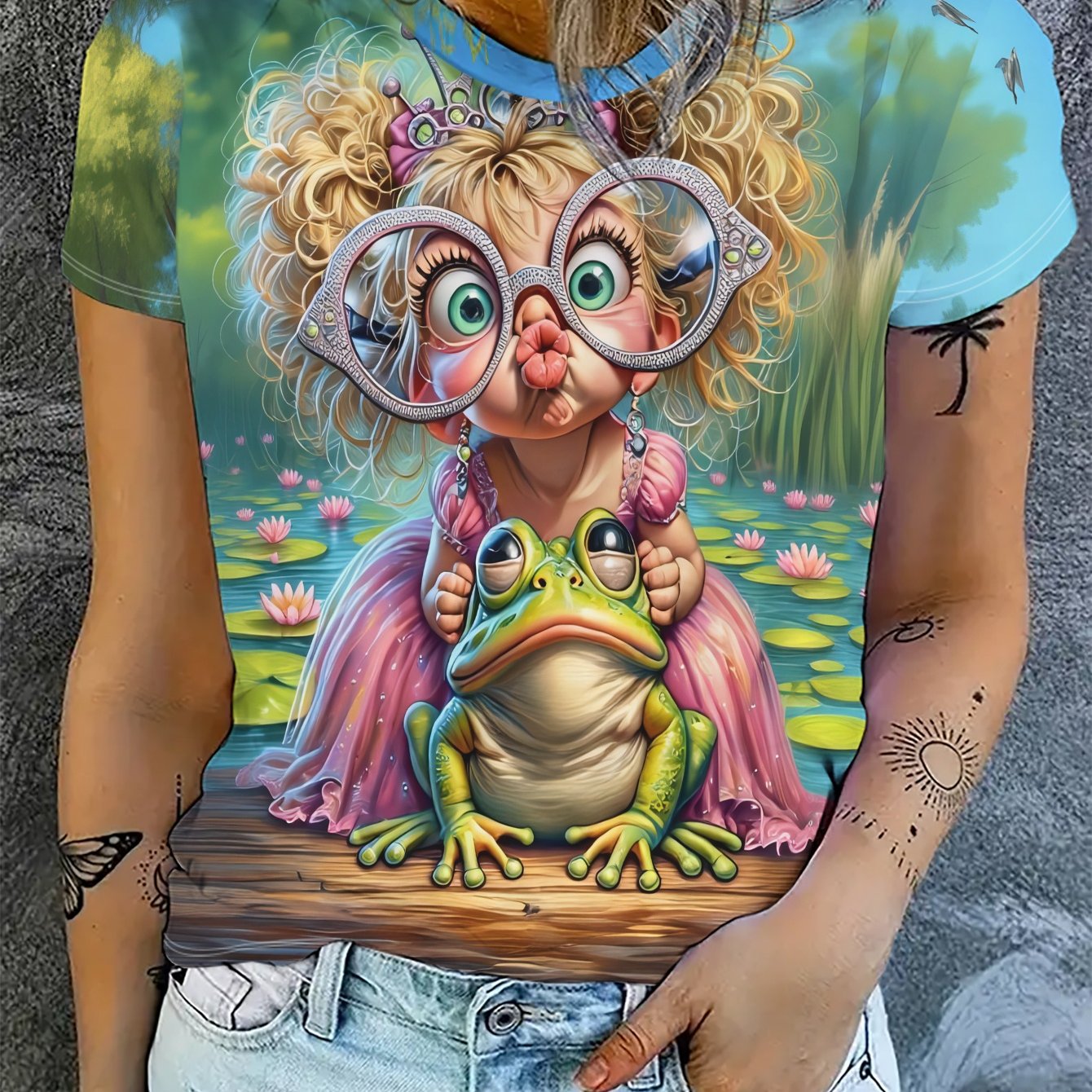 TEMU Cute Cartoon Princess And Frog Print Women's Short-sleeve T-shirt, Stylish Fabric, Perfect For Summer Casual Wear