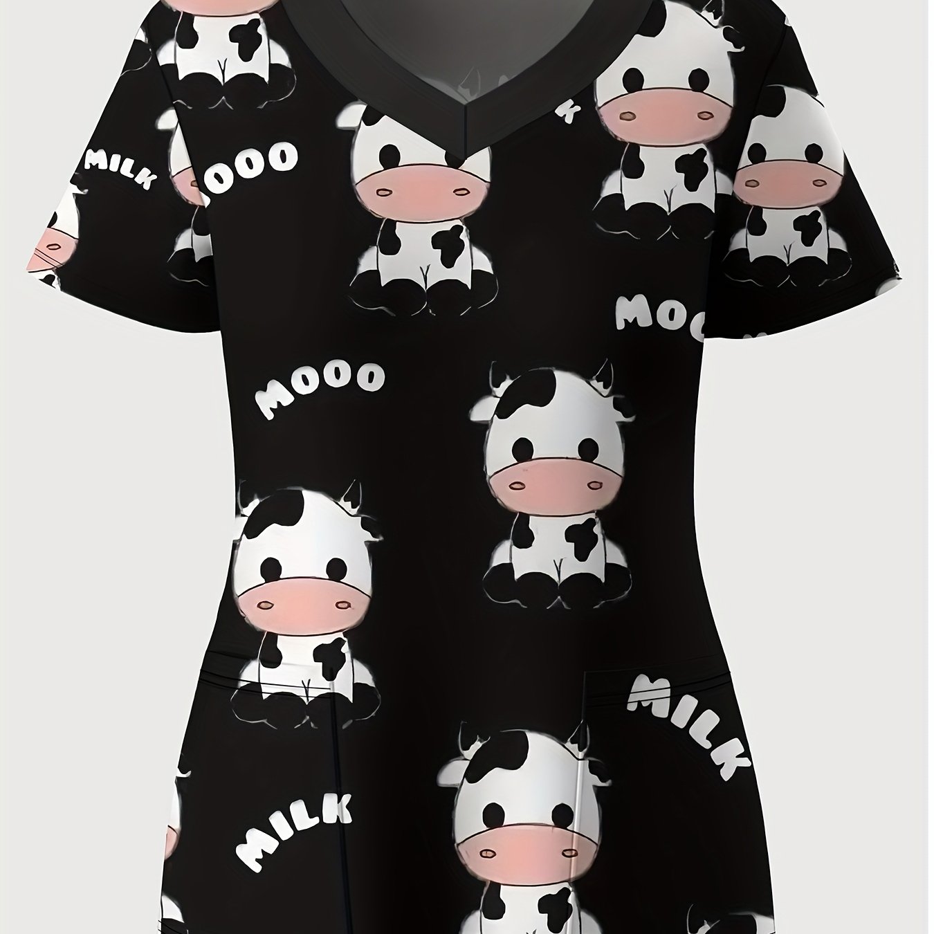 TEMU Plus Size, Plus-size Women's Cartoon Cow Print Short-sleeve Stretch V-neck Top, Fashionable And Cute Women's Uniform With , Convenient For Daily