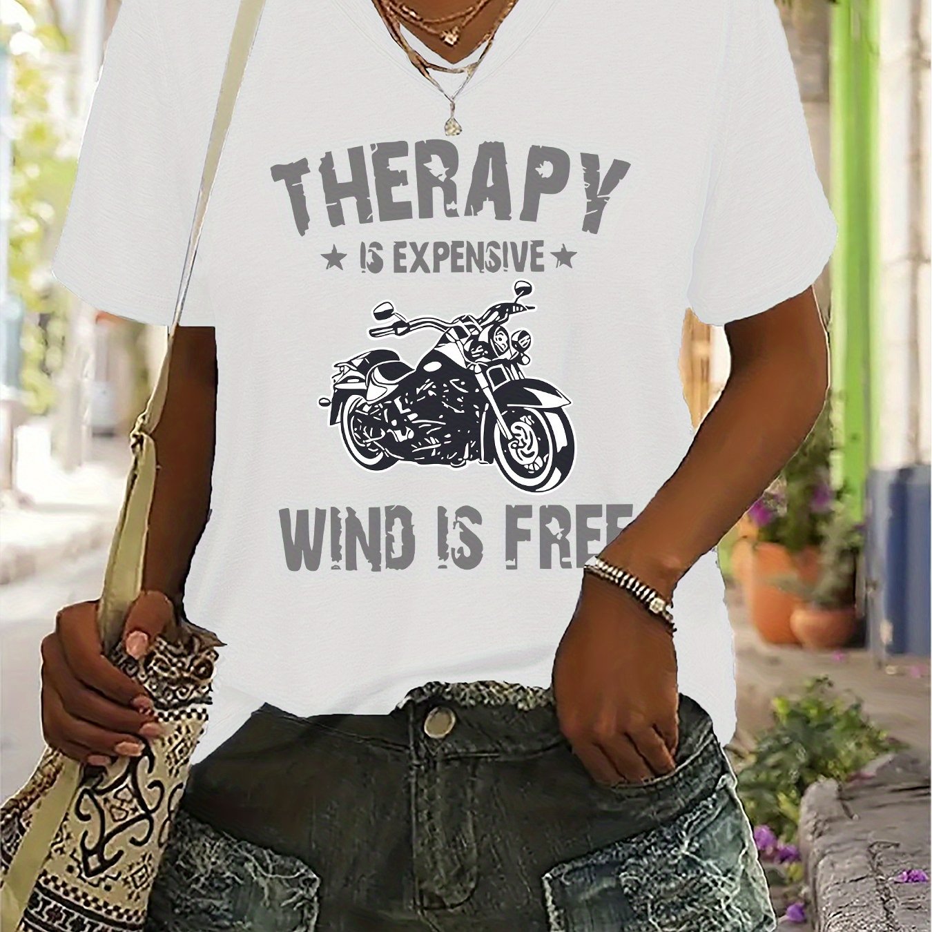 TEMU Summer Short-sleeve V-neck T-shirt For Women With A Stylish Printed Design, Made From Soft And Comfortable Fabric That Pairs Well With Anything