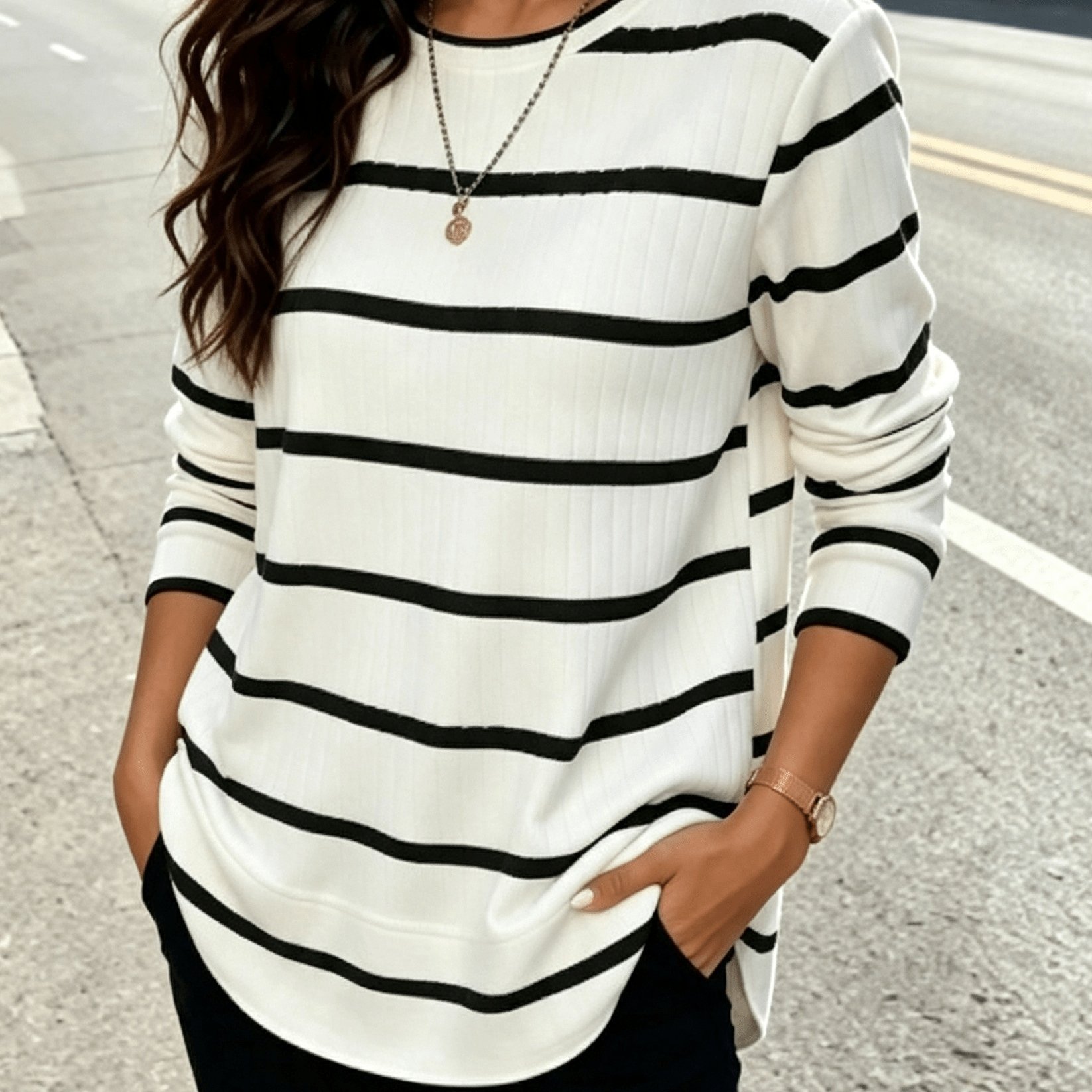 TEMU T-shirt rayé à manches longues pour femme, haut décontracté ample à col ras du cou et texture côtelée, haut de tous