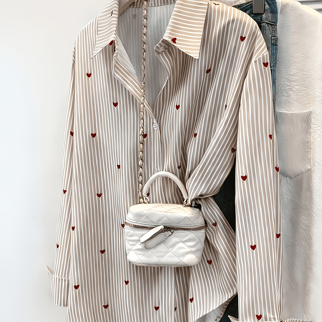 TEMU Chemise à boutons pour femme à carreaux et imprimé cœur - Haut compatible avec col | Lavable en machine, boutonnage sur le devant, convient à