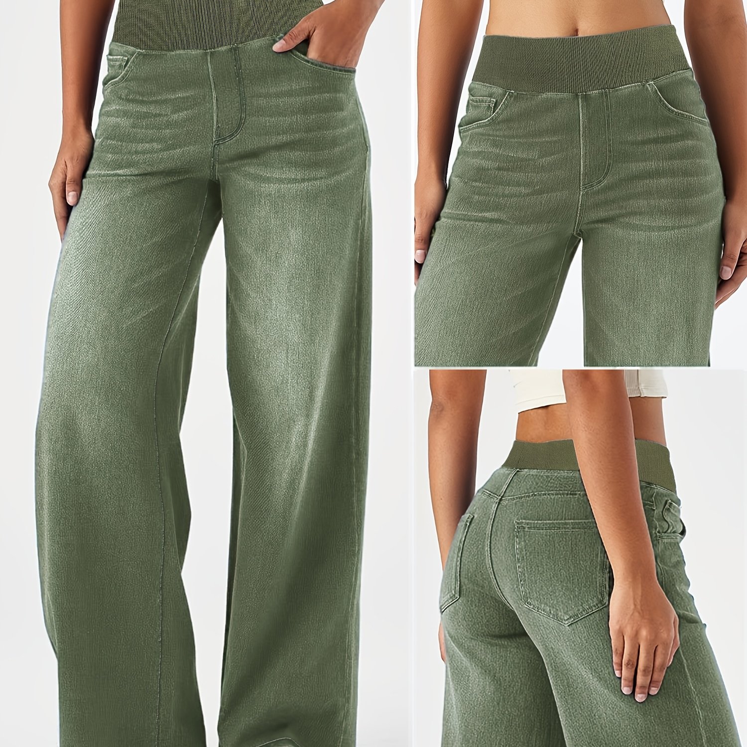 Women's Ribbed Elastic Waist Wide Leg Vintage Casual Floor-length Jeans