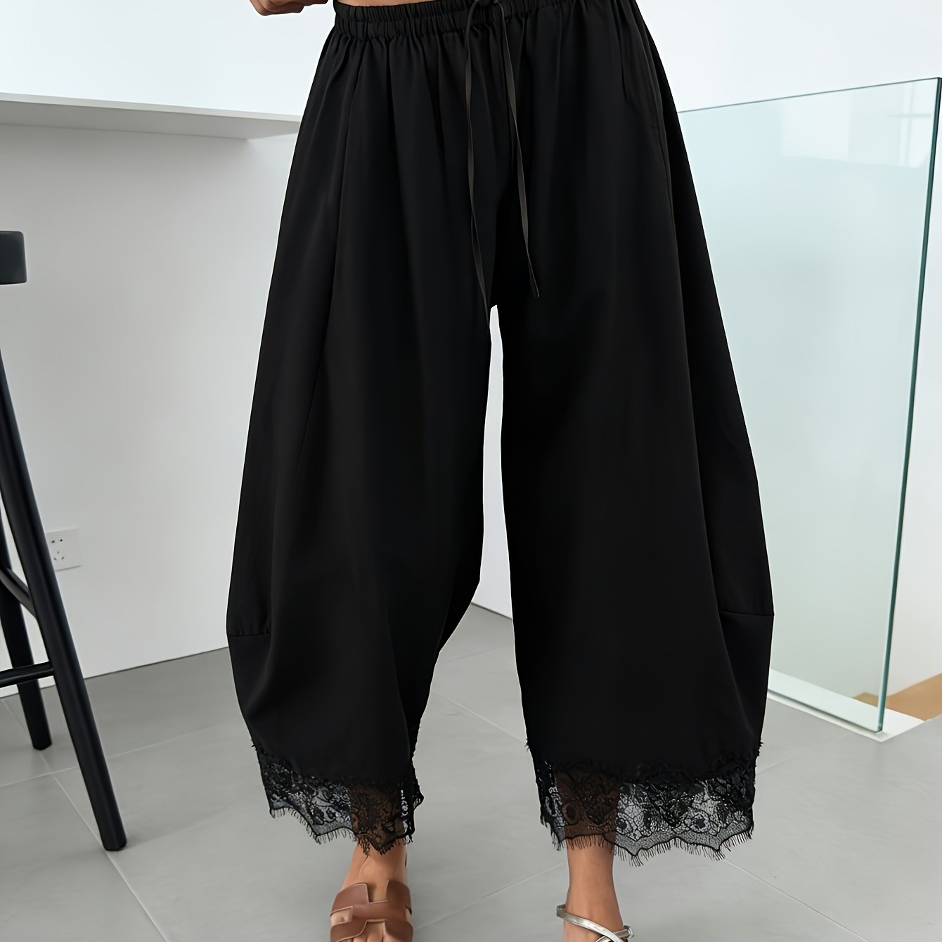 TEMU Sqd26061006 Women's Lace-patch Solid Color Tie-waist Long Pants, Fashionable Slim-fit Capri Pants For Women
