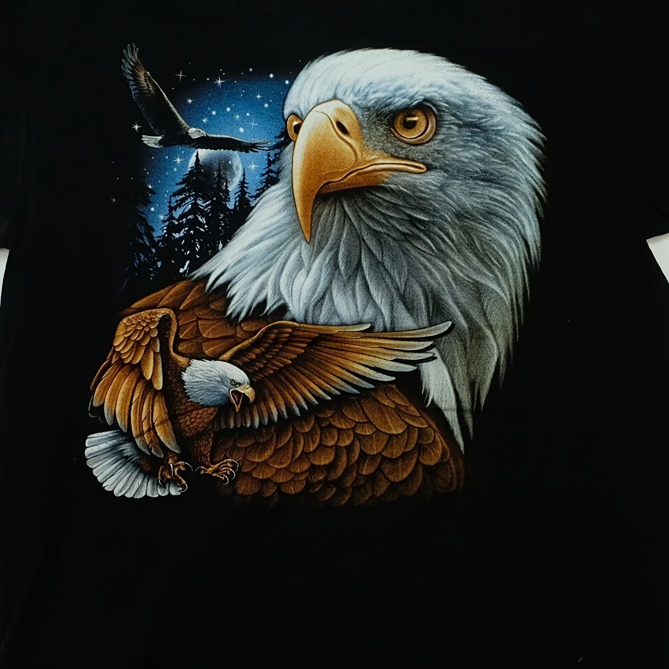Image of Vintage Rock Eagle Biker T-shirt - 90s Retro Bald Eagle & Graphic, Round Neck Casual Tee, Machine Washable Suitable For Casual Attire, Rock Shirt For Motorcycle Riding & Retro Style